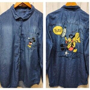 Disney Parks Her Universe Shirt Men Medium Blue Denim Mickey & Pluto Comic